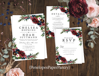 Elegant Floral Fall Wedding Invitation – Navy & Burgundy Roses – Shimmery Personalized Invite with Envelopes & Optional RSVP