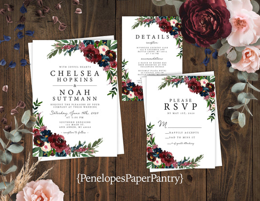 Elegant Floral Fall Wedding Invitation – Navy & Burgundy Roses – Shimmery Personalized Invite with Envelopes & Optional RSVP