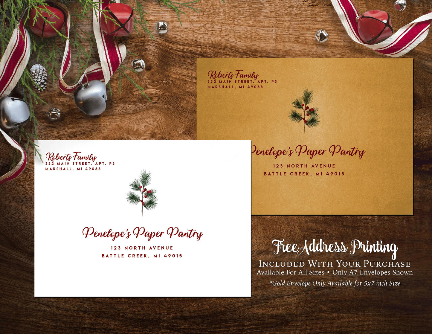 Elegant Rustic Double-Sided Personalized Christmas Cards | Free Custom Envelope & Address Printing