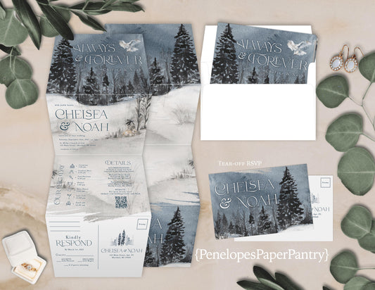 All in One Watercolor Winter Forest Scene Folded Wedding Invitation with Tear-Off RSVP