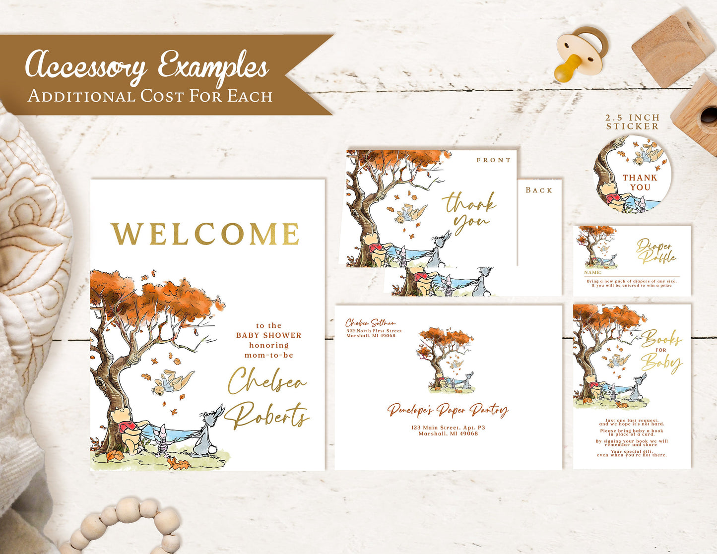 Winnie the Pooh Baby Shower Invitation – Fall Leaves & Gold Foil Printed Invite – Custom Design with One-on-One Personalization by Penelope’s Paper Pantry