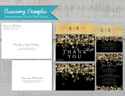 Gold Bokeh String Lights with Black Background Traditional Wedding Invitation, Sets, or Suite