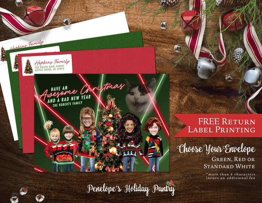 Funny Retro Christmas Family Photo Card Personalized 80's Throwback Mullet Big Hair Laser Lights Ugly Sweaters Printed Cards With Envelopes