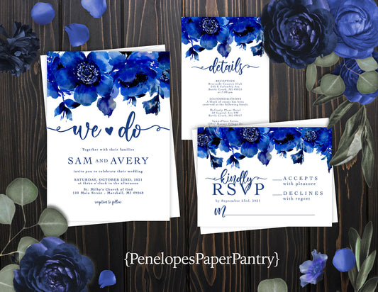 Elegant Sapphire Blue Floral Summer Wedding Invitation Personalized Royal Blue Cobalt Roses We Do Calligraphy Printed Invitation Envelopes