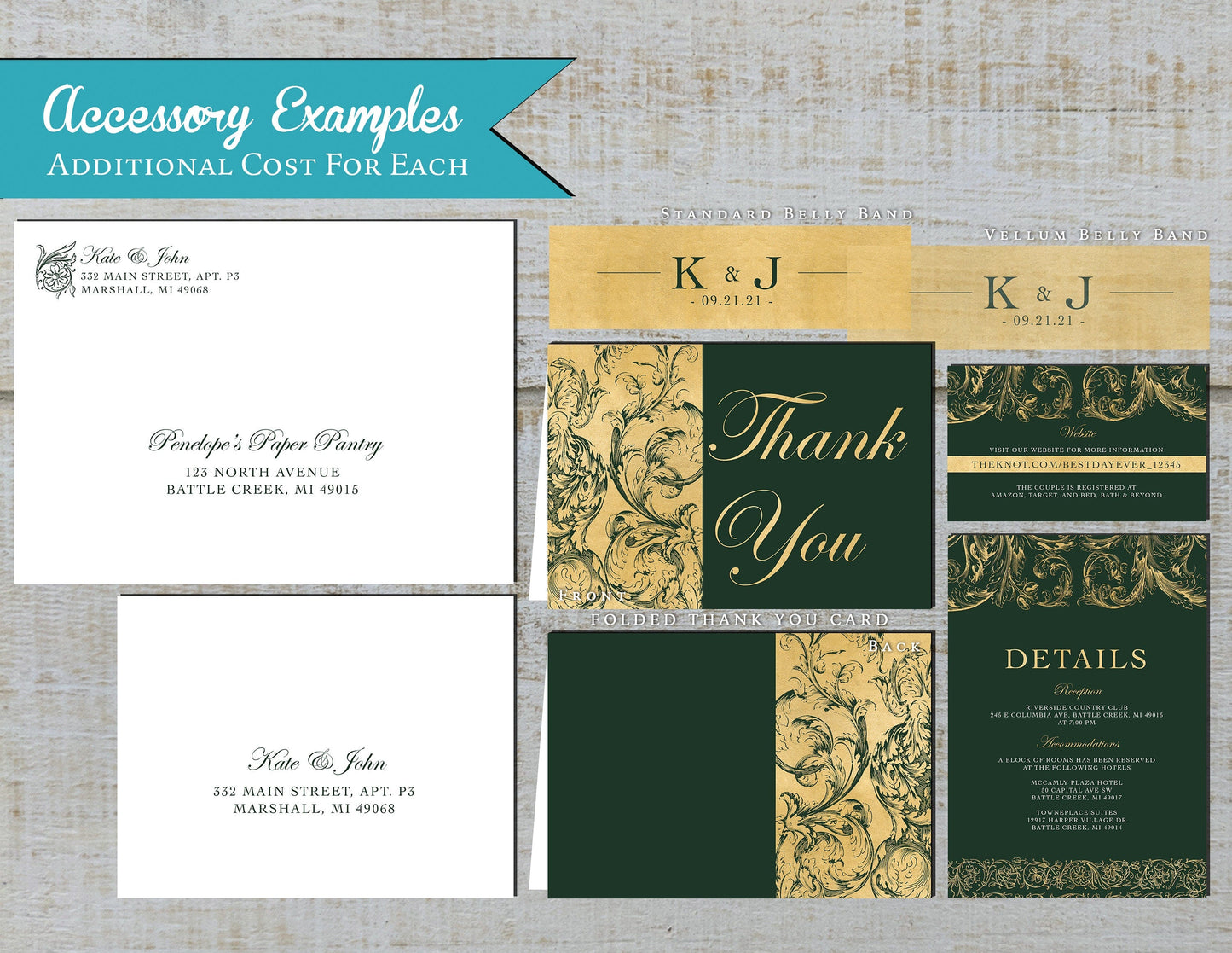 Faux Gold Glitter Lace and Border with Emerald Green Background Traditional Wedding Invitation, Sets, or Suite