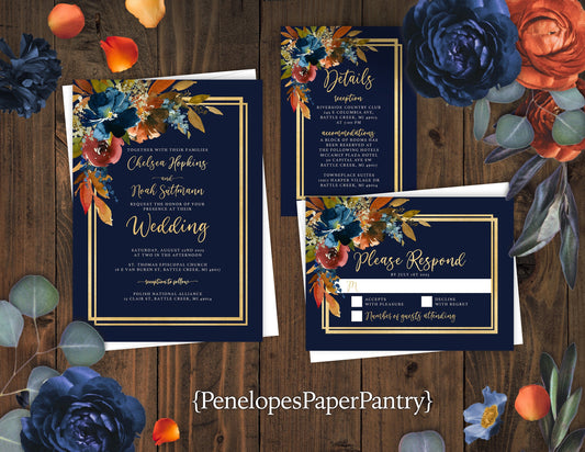 Elegant Navy Floral Fall Wedding Invitation – Turquoise, Burnt Orange & Gold – Personalized Shimmery Printed Invite with Envelopes