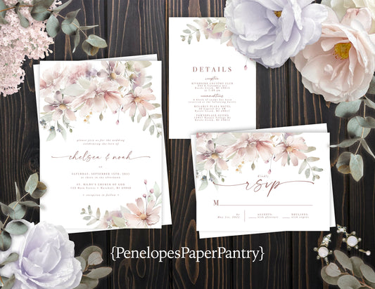 Dusty pink and Mauve Florals on White Background Summer Wedding Invitation, Set, or Suite