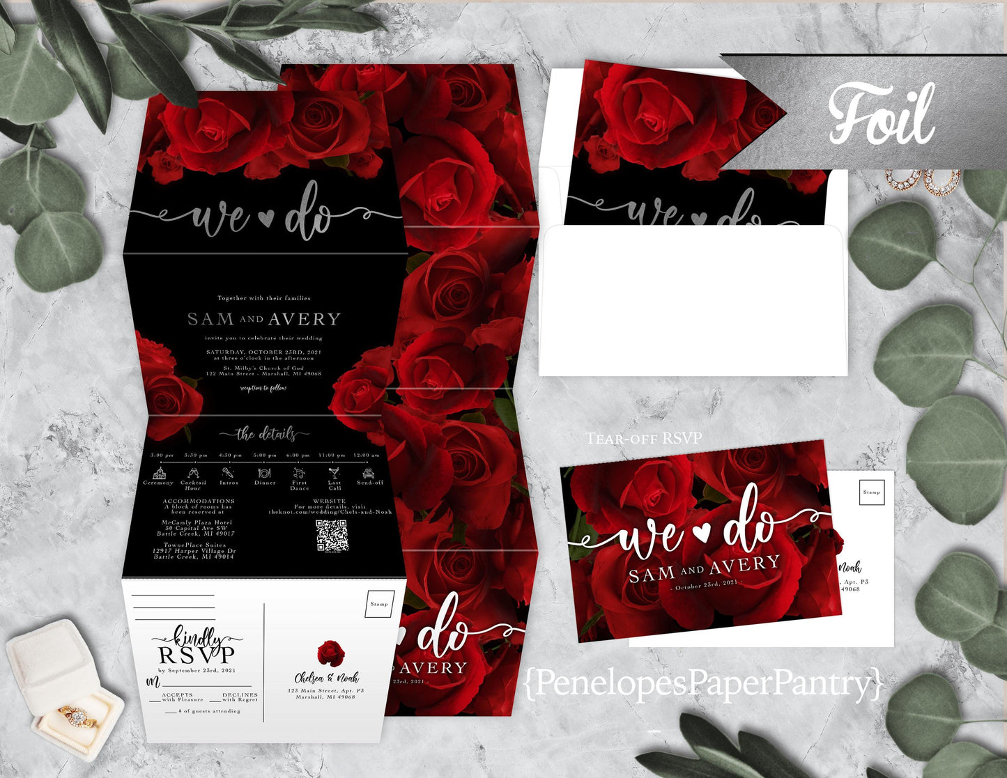 All in One Red Roses and Black Background Folded Wedding Invitation with Tear-Off RSVP