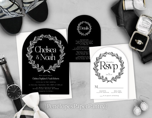 Die Cut Arch Black with White Floral Wreath Traditional Wedding Invitation, Sets, or Suite