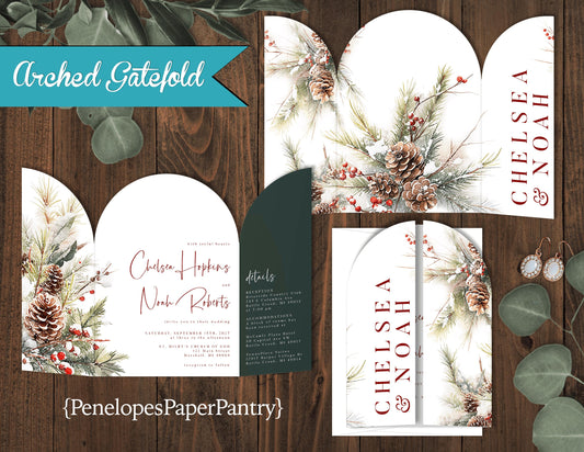 Die Cut Gatefold Winter Florals with White Background Folded Wedding Invitation, Set, or Suite