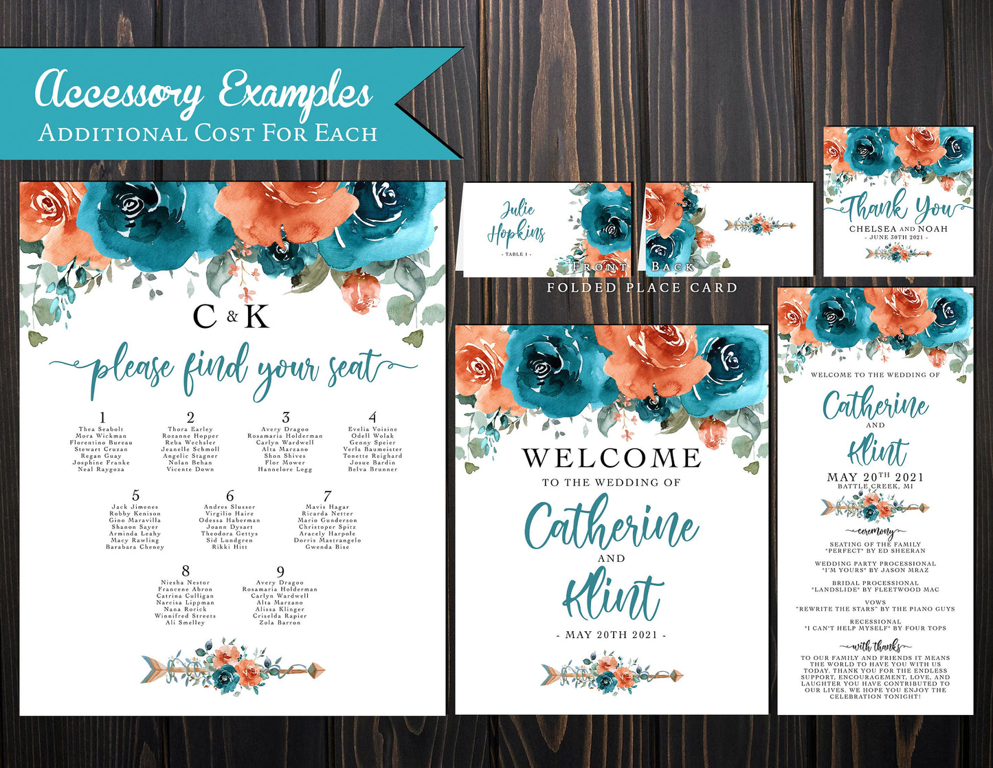 Turquoise and Orange Florals on White Background Fall Wedding Invitation, Set, or Suite