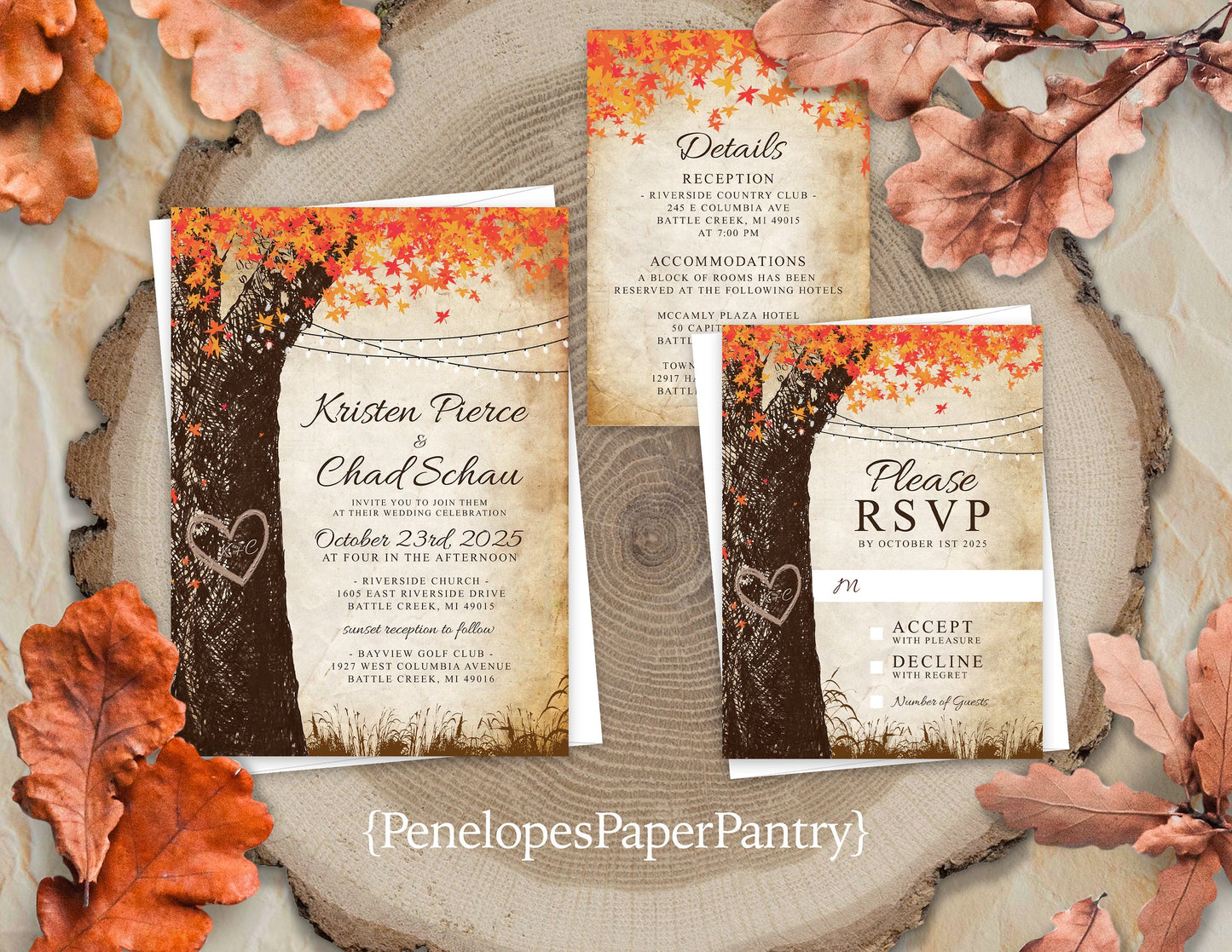 Rustic Fall Wedding Invitation – Personalized Oak Tree with Carved Heart & Barn Lights | Burnt Orange Leaves Design