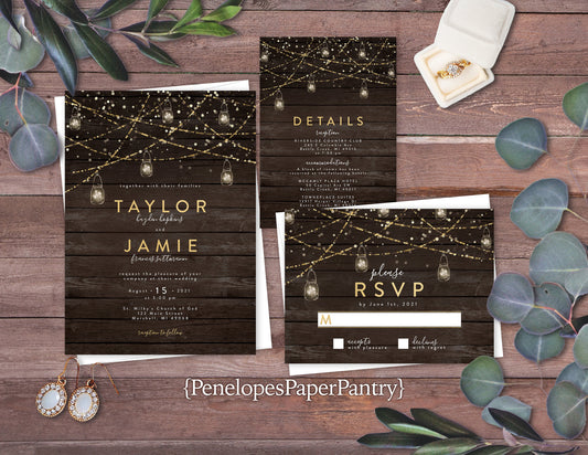 Rustic Wedding Invitation,Rustic Wedding Invite,Rustic Wood,Mason Jar Light,Twinkling Light,Gold Print,Personalize,Shimmery,Envelope,Printed