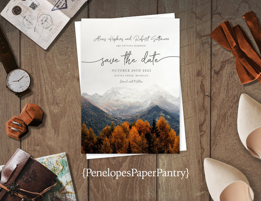 Fall Orange Leaves in the Mountains Save the Date