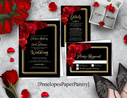 A set of wedding invitations with black background and red floral details, including an invitation, RSVP card, and details card, displayed with red roses and petals.
