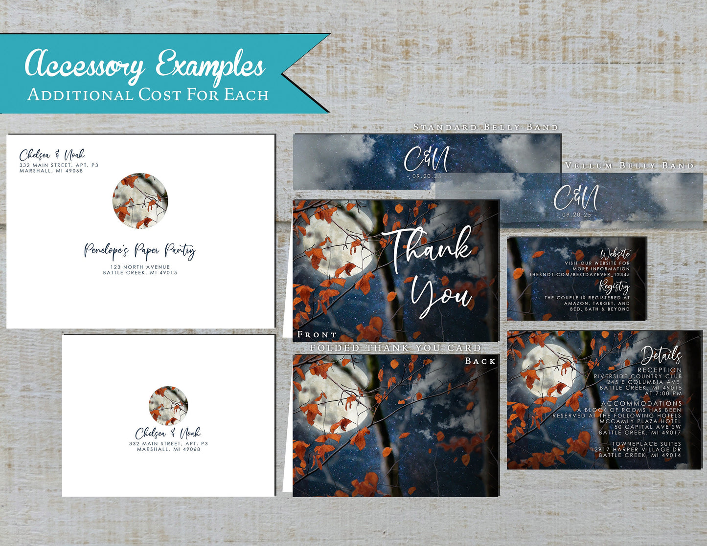 Branches with Leaves on Starry Night Sky with Full Moon Fall Wedding Invitation, Set, or Suite