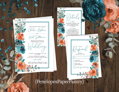 Teal and Burnt Orange Floral with simple Frame on White Background Fall Wedding Invitation, Set, or Suite