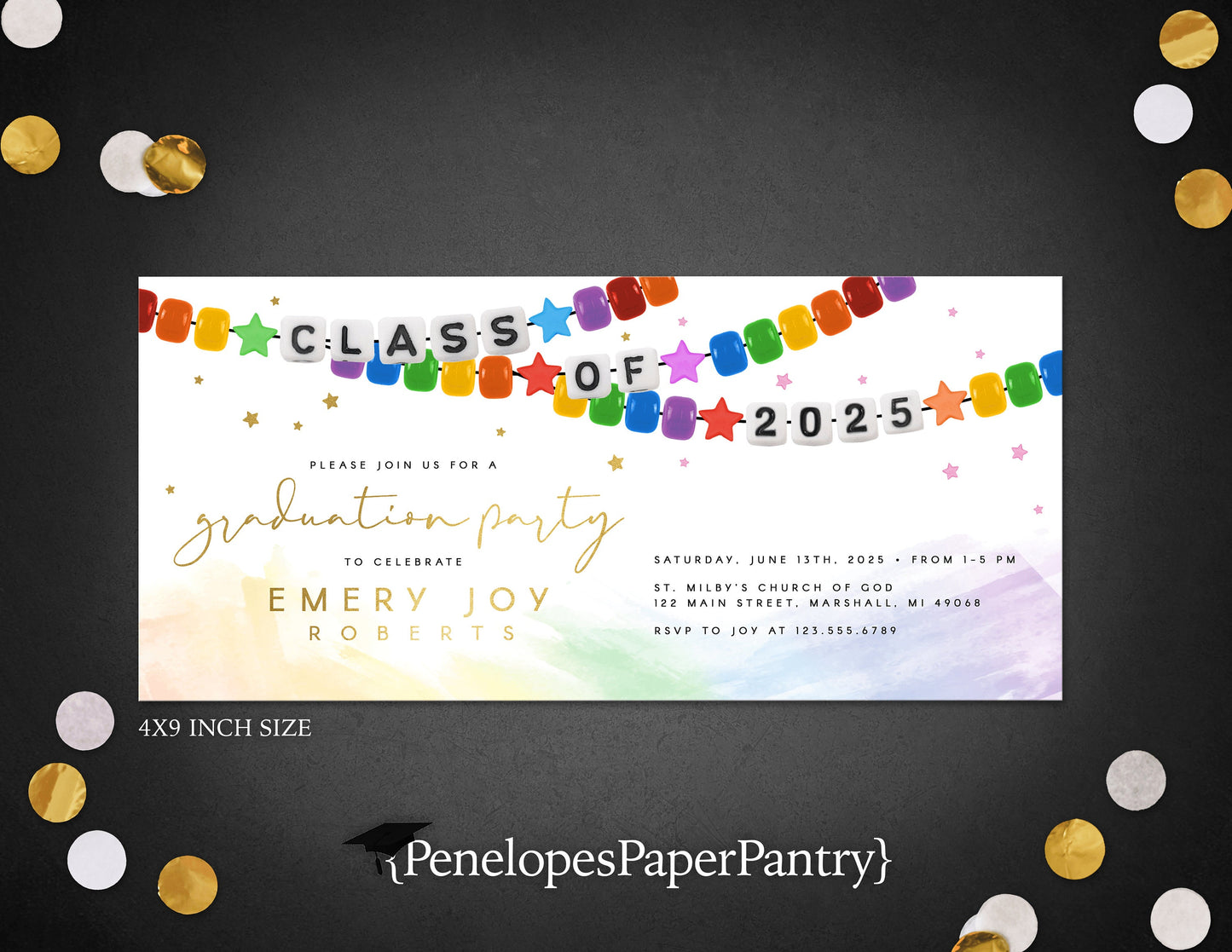 Rainbow Friendship Bracelet with Gold Foil Graduation Open House or Ceremony Invitation