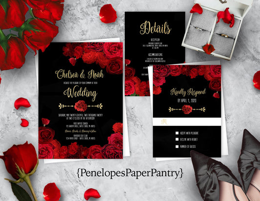 Red Florals with Black Background Rose Wedding Invitation, Set, or Suite