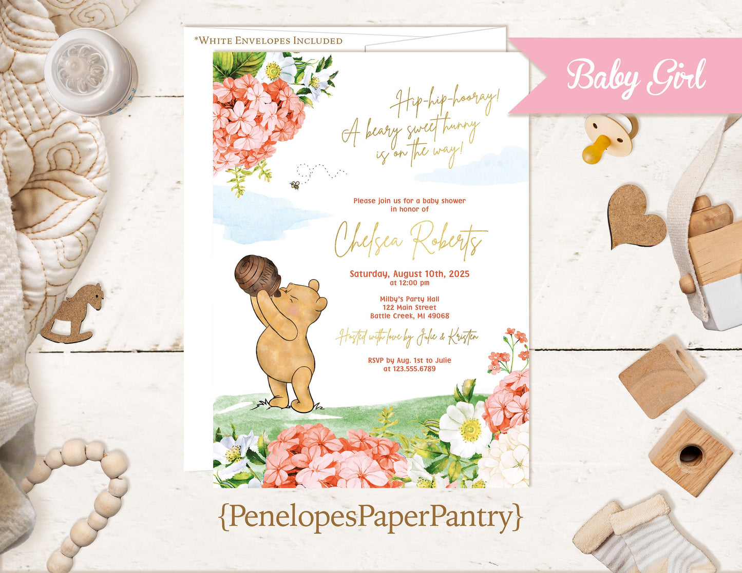 Winnie The Pooh Baby Shower Invitation,Winnie The Pooh Baby Girl Shower Invite,Gold Foil,Calligraphy,Pooh Bear,Honey Pot,Pink Hydrangea