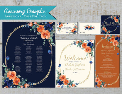 Navy and Orange Florals with Oval Frame on Navy, Orange, and Ivory Background Fall Wedding Invitation, Set, or Suite