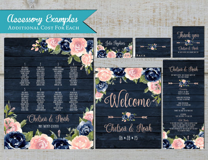 Rustic Navy Floral Summer Wedding Invitation Personalized Navy Wood Blush Roses Floral Arrow Rose Gold Print Shimmery Printed Invitations
