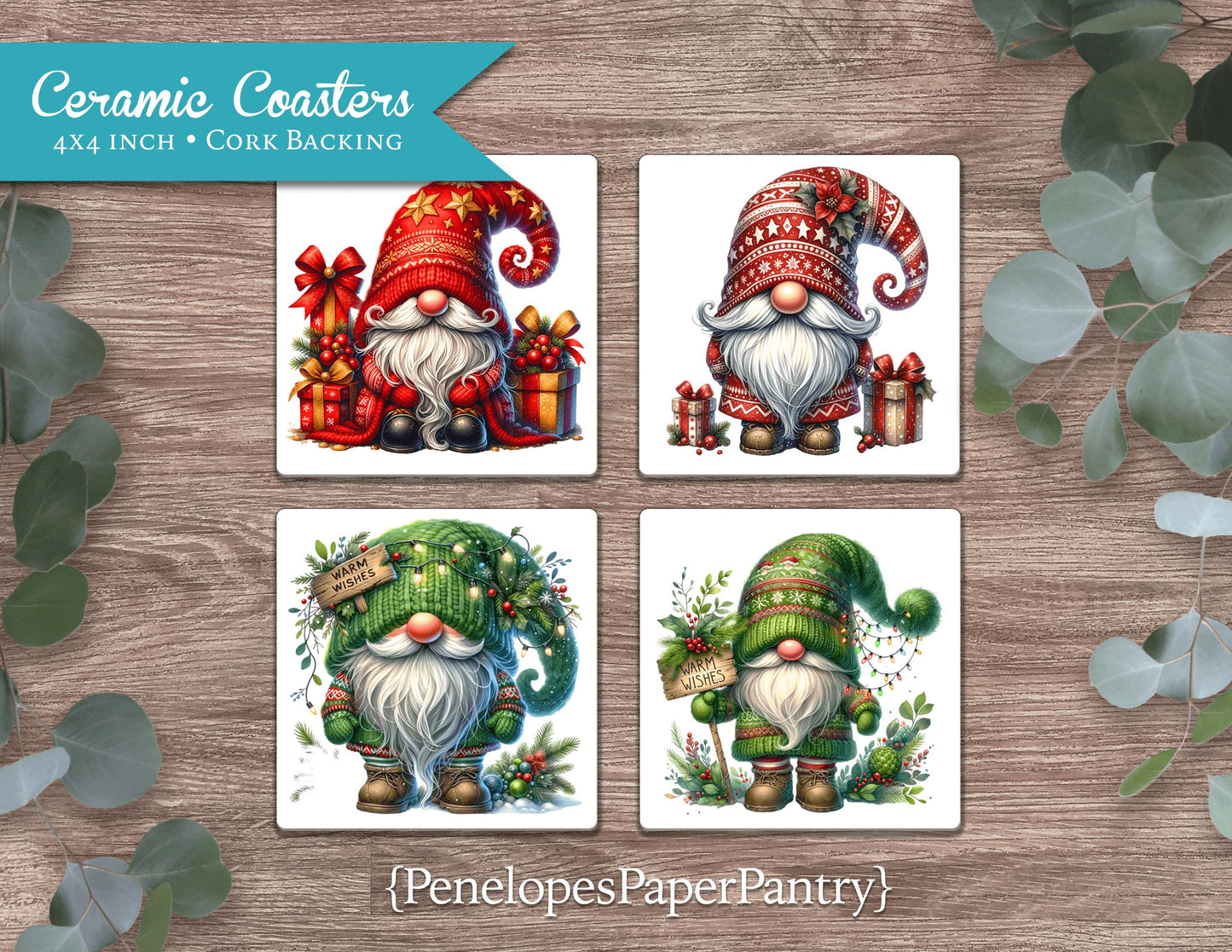 Holiday Gnomes Set of 4 Ceramic Coasters with Cork Back