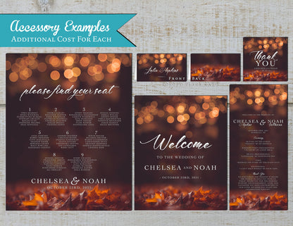 Fall Leaves Scene and Bokeh Glowing Bubble Lights Fall Wedding Invitation, Set, or Suite