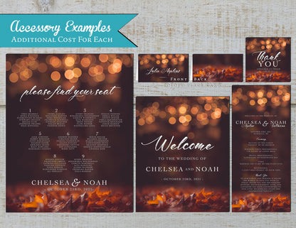 Romantic Fall Wedding Invitation – Burnt Orange Bubble Lights & Autumn Leaves – Personalized Shimmery Printed Invitation with Envelope Included