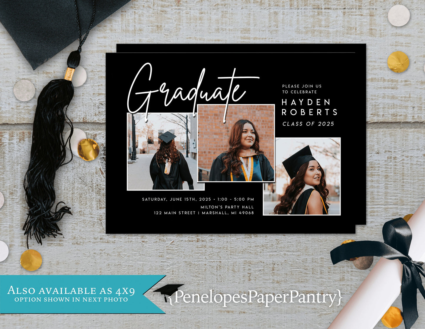 Multi Photo Black and White Background Graduation Open House or Ceremony Invitation