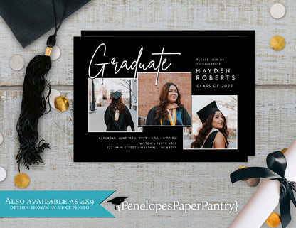 Multi Photo Black and White Background Graduation Open House or Ceremony Invitation