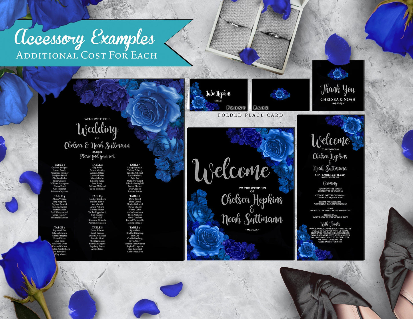 Royal Blue Florals on Black Background Rose Wedding Invitation, Set, or Suite