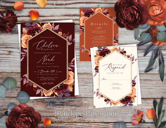 Burgundy and Burnt Orange Florals with Geometric Frame on Burgundy, Orange, and Ivory Hues Fall Wedding Invitation, Set, or Suite