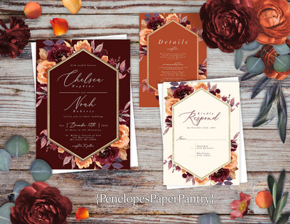 Elegant Burgundy Floral Fall Wedding Invitation Personalized Burnt Orange Ivory Gold Geometric Frame Shimmery Printed Invitations Envelopes