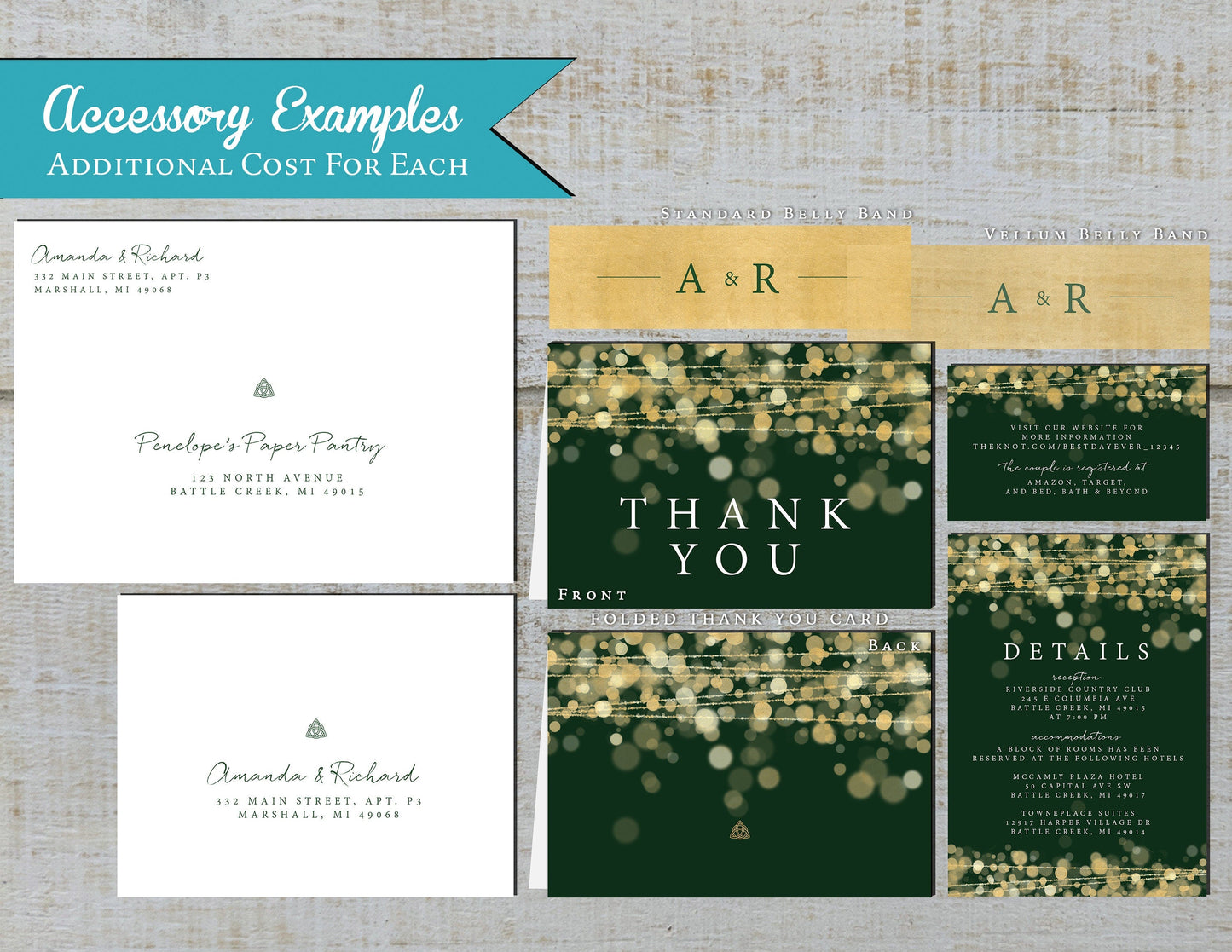 Gold Bokeh String Lights and Celtic Love Knot with Green Background Traditional Wedding Invitation, Sets, or Suite