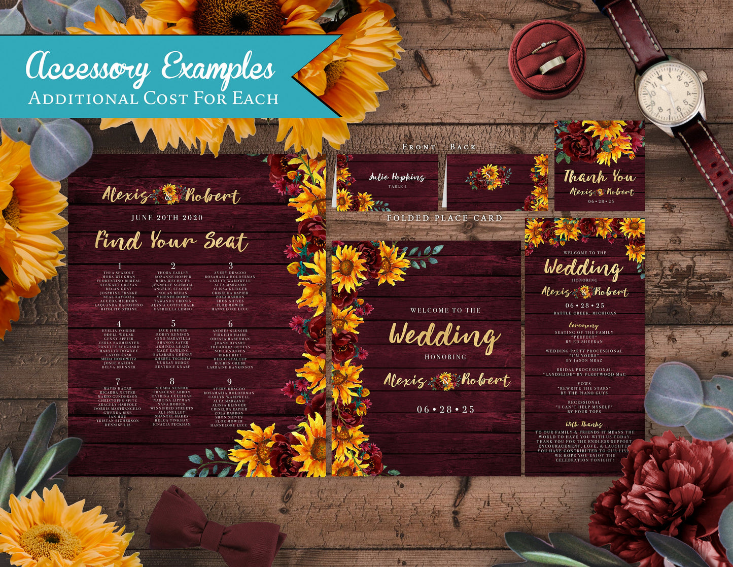 Sunflower and Burgundy Florals on Wood Background Fall Wedding Invitation, Set, or Suite