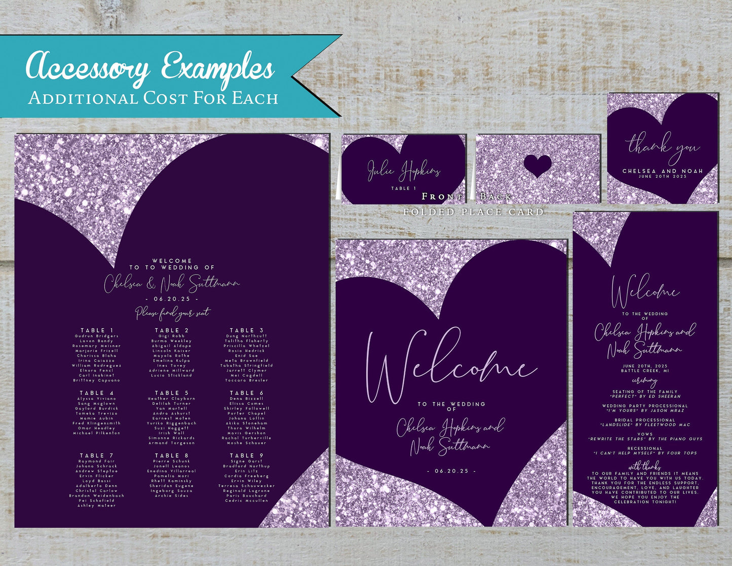 Purple Heart with Faux Light Purple Glitter Traditional Wedding Invitation, Sets, or Suite