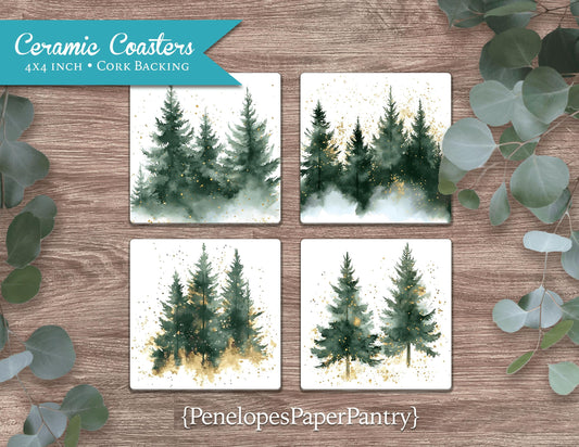 Rustic Christmas Tree Forest Ceramic Coasters Set Of Four Christmas Decor Gift For Her Gift For Him Cork Back Unique Gift Stocking Stuffer