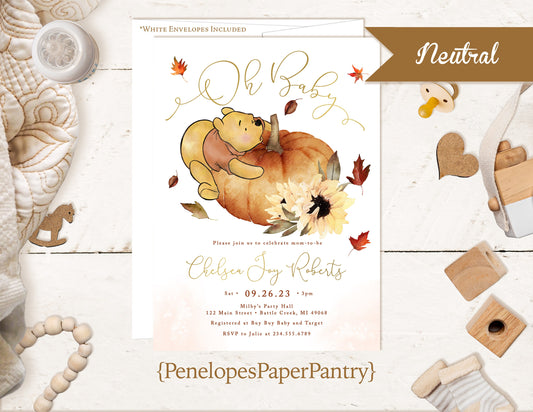 Personalized,Winnie The Pooh,Fall,Baby Shower Invitation,Baby Shower Invite,Pooh Bear Shower,Gold Foil Print,Winnie Pooh,Pumpkins,Sunflowers