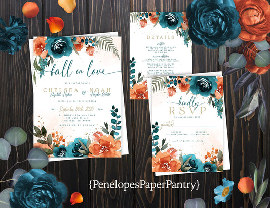 Elegant Floral Fall Wedding Invitation – Teal & Burnt Orange Roses – Fall In Love Calligraphy Printed Invite with Envelopes