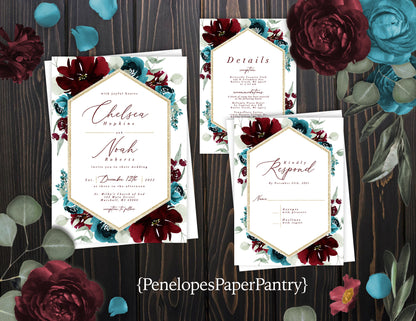 Burgundy and Teal with Geometric Frame on White Background Fall Wedding Invitation, Set, or Suite