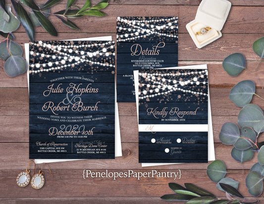 Navy and Rose Gold with Fairy Lights on Barn Wood Summer Wedding Invitation, Set, or Suite