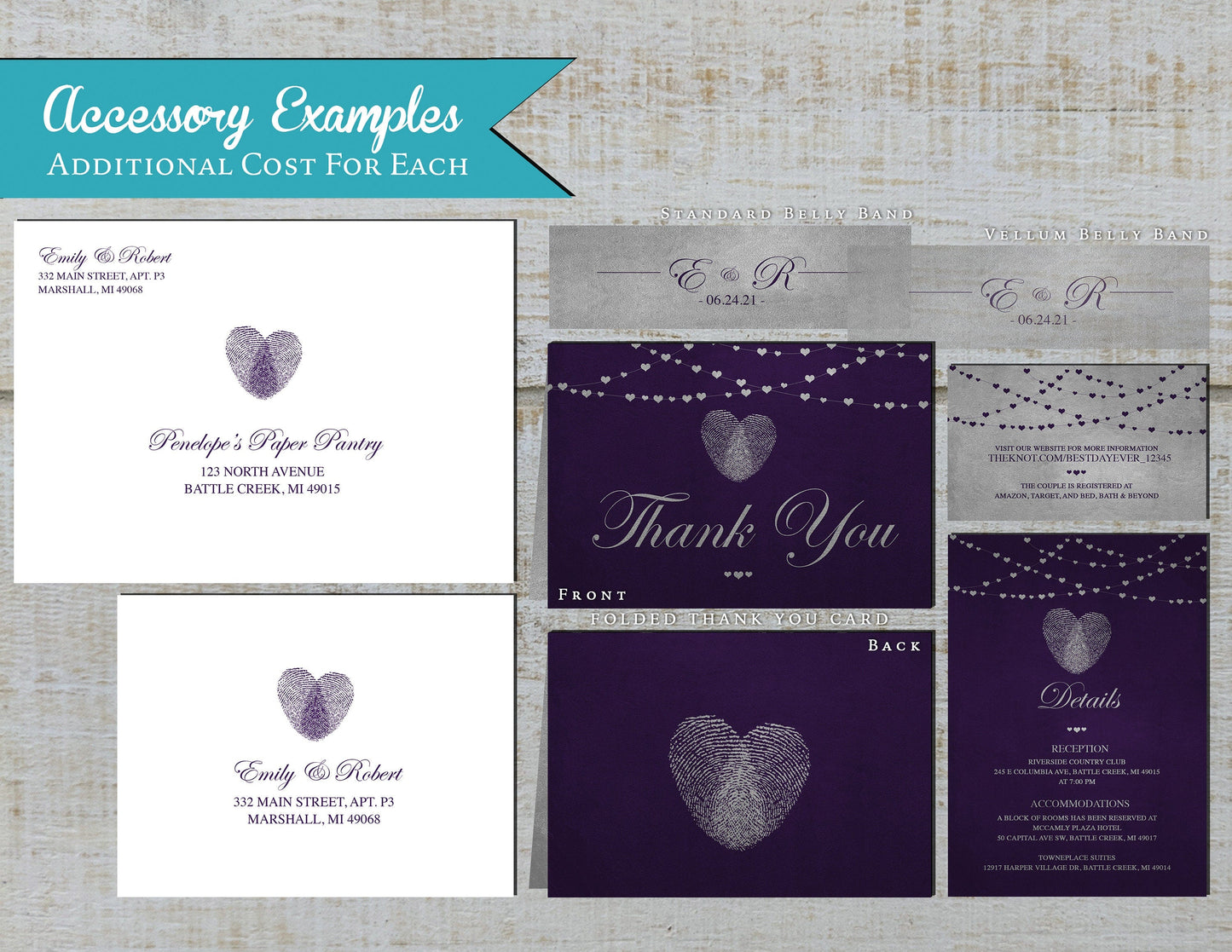 Purple Thumbprint Heart on Metallic Silver Paper Traditional Wedding Invitation, Sets, or Suite