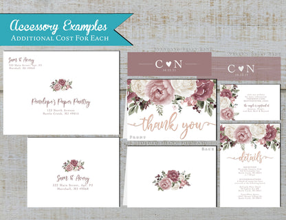 Whimsical Mauve Floral Summer Wedding Invitation,Set,Suite,Dusty Rose,Roses,Rose Gold,Shimmery,Personalize,Printed Invitation,Envelope