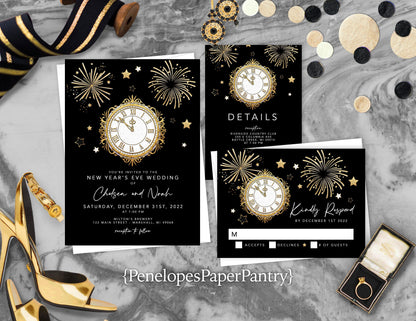 New Year's Eve Gold Clock and Fireworks on Black Background Traditional Wedding Invitation, Sets, or Suite