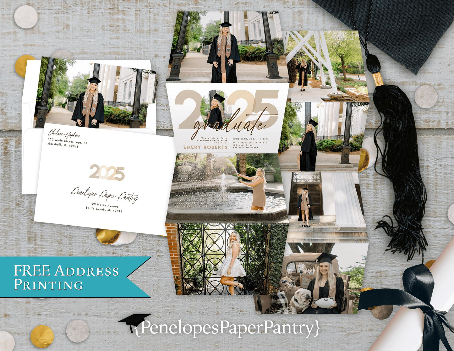 Unique Trifold Graduation Announcement Party Invitation Personalized Multiple Photos Custom Text Accordion Fold Printed Invitation Envelopes