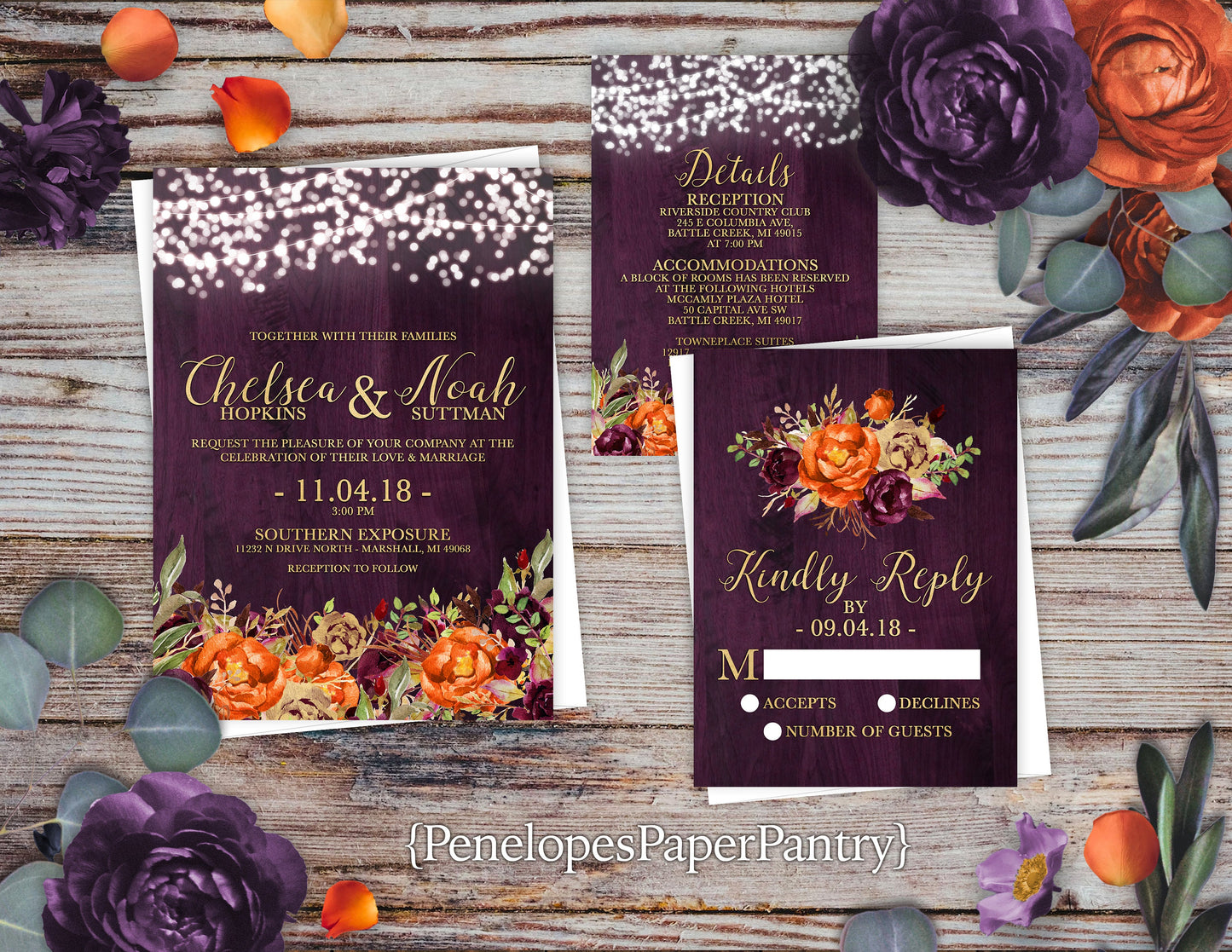 Plum and Orange Florals on Purple Wood Background Fall Wedding Invitation, Set, or Suite