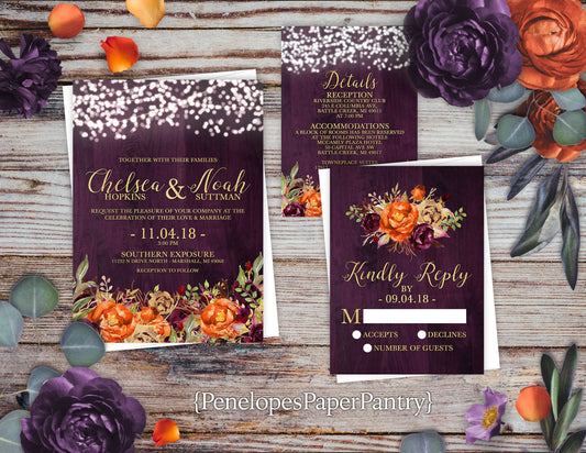 Elegant Rustic Fall Wedding Invitation – Plum Floral with Barn Wood, Burnt Orange Roses & Gold Shimmer – Personalized Printed Invitations