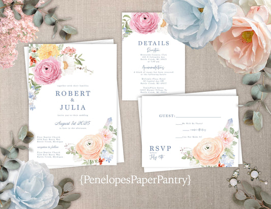 Pink and Blue Florals with White Background Summer Wedding Invitation, Set, or Suite