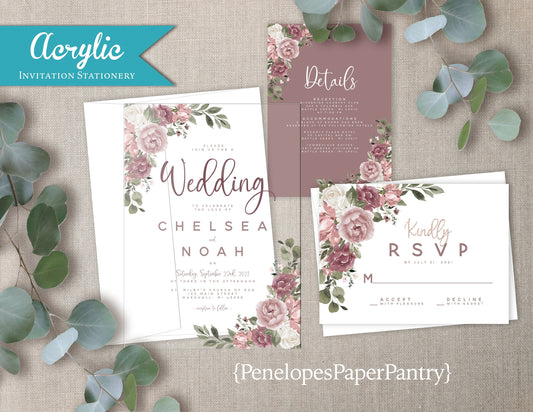 Acrylic Mauve and Blush Florals Wedding Invitation, Set, or Suite